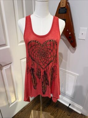 Robin K Coral-Red Tank with Black & Gold Dreamcatcher Heart